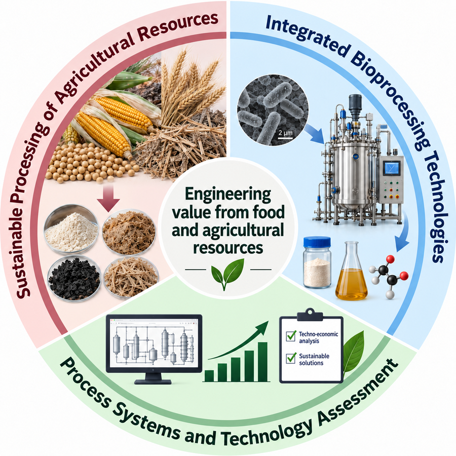 Diagram of the lab's three research areas: sustainable processing of agricultural resources, integrated bioprocessing for food ingredients and biochemicals, and process systems and technology assessment