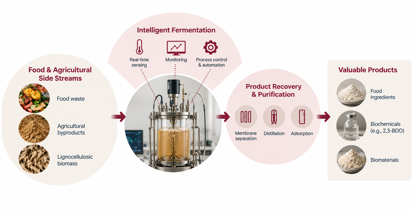 Integrated fermentation workflow: food and agricultural side streams, intelligent fermentation, product recovery and purification, and valuable products